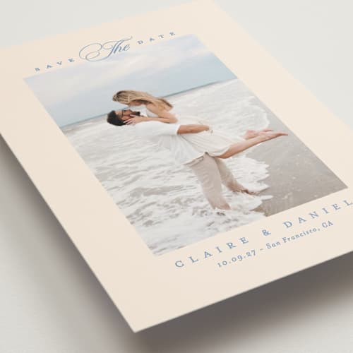 This is a wave save the date postcards with standard by Creo Study called aristocratic printing on signature in postcard