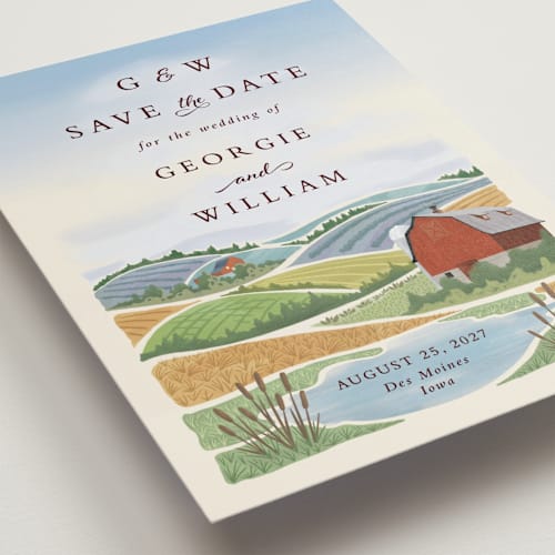 This is a sky blue save the date postcards with standard by Paper Sun Studio called farm and field printing on signature in postcard
