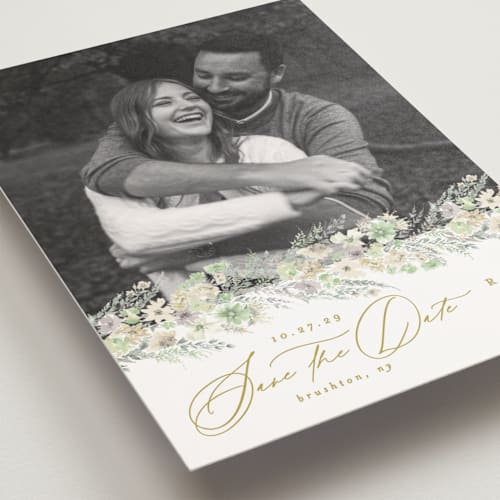 This is a greenery save the date postcards with standard by Phrosné Barwood called floral arch printing on signature in postcard