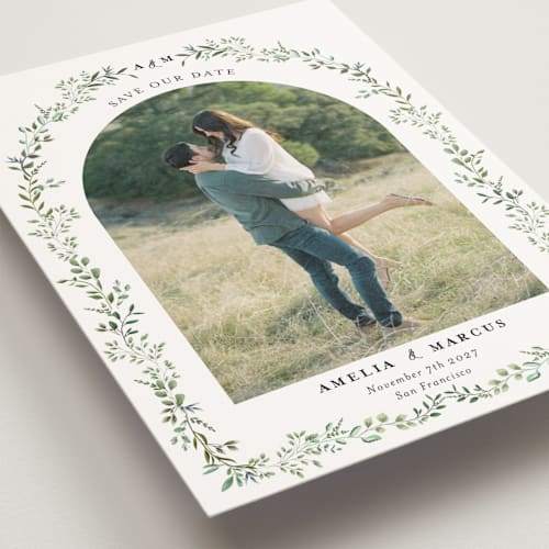 This is a mojito save the date postcards with standard by Susan Moyal called monogramed arch printing on signature in postcard