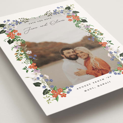 This is a lotus save the date postcards with standard by Sarah Knight called tropicana printing on signature in postcard