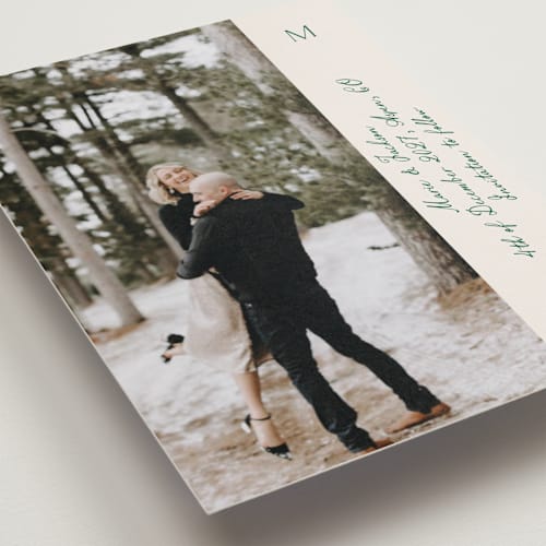 This is a ivory save the date postcards with standard by Petra Kern called simple scripty printing on signature in postcard