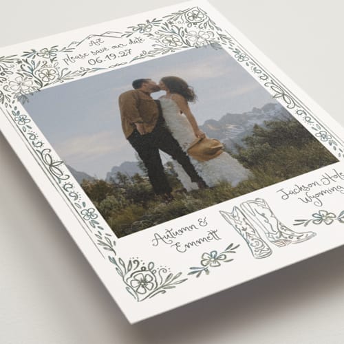 This is a meadow save the date postcards with standard by Jenna Holcomb called jackson hole printing on signature in postcard