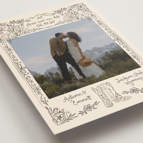 This is a leather save the date postcards with standard by Jenna Holcomb called jackson hole printing on signature in postcard