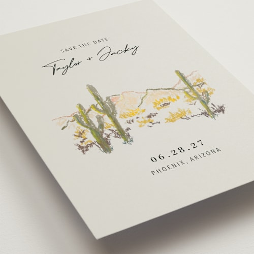 This is a olive save the date postcards with standard by Cass Loh called desert crayon drawing printing on signature in postcard