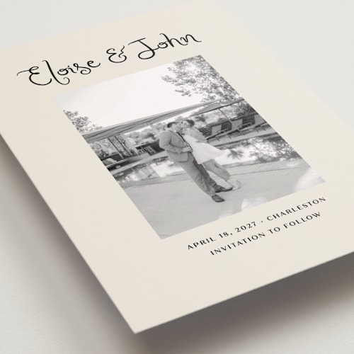 This is a tuxedo save the date postcards with standard by Megan Davis called camellia printing on signature in postcard