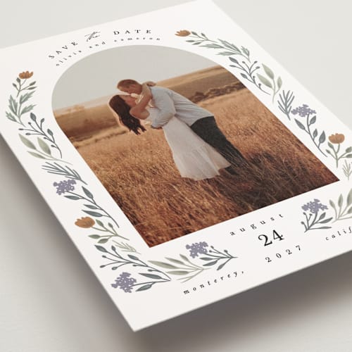 This is a rust save the date postcards with standard by Hannah Williams called floral arch printing on signature in postcard