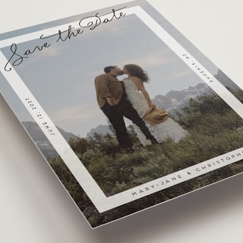 This is a porcelain save the date postcards with standard by lulu and isabelle called postcard perfect printing on signature in postcard