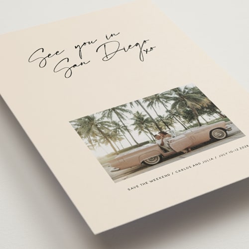 This is a mellow save the date postcards with standard by Inkblot Design called heated printing on signature in postcard