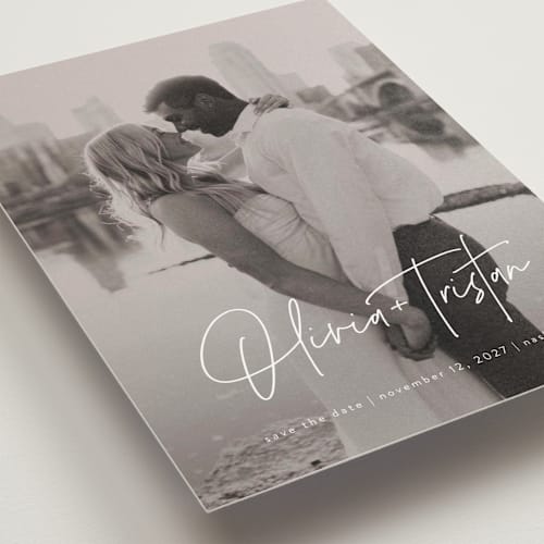 This is a pearl save the date postcards with standard by Jessica Williams called signature pair printing on signature in postcard