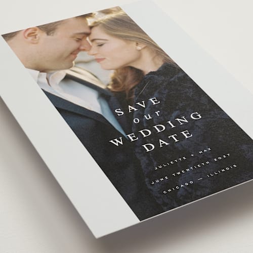 This is a crystal save the date postcards with standard by Design Lotus called french love story printing on signature in postcard