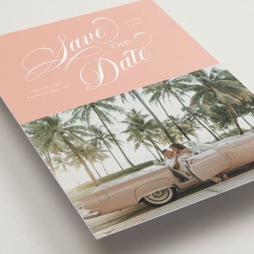 This is a peach save the date postcards with standard by Morgan Kendall called palm springs printing on signature in postcard