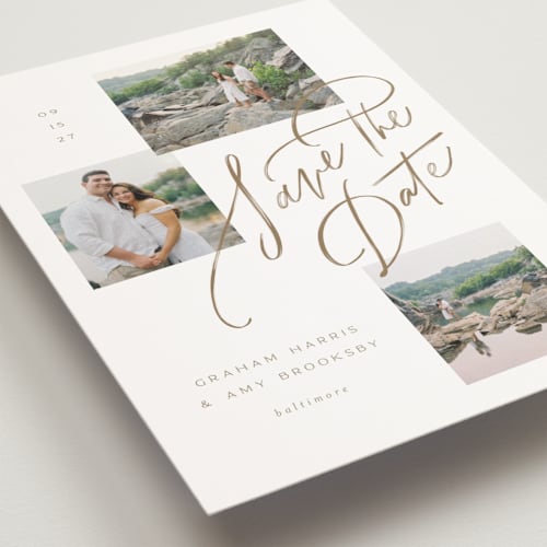 This is a sandstone save the date postcards with standard by Erin L. Wilson called let's escape printing on signature in postcard