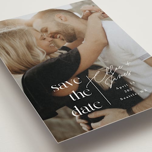 This is a pearl save the date postcards with standard by Alethea and Ruth called simple detail stacks printing on signature in postcard