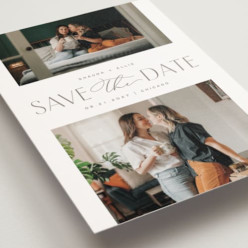 This is a sandstone save the date postcards with standard by Pixel and Hank called duet printing on signature in postcard