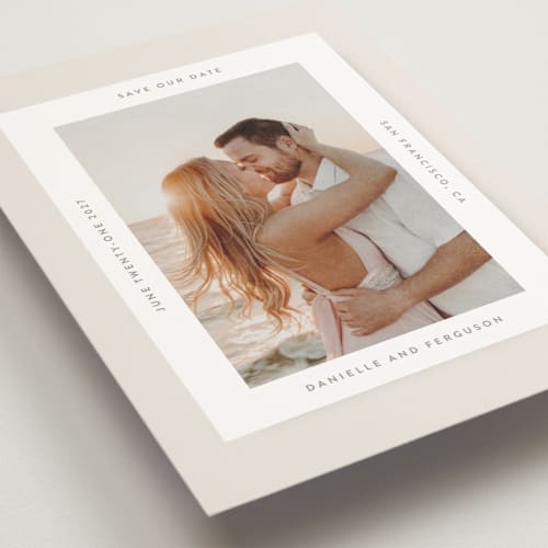 This is a ivory save the date postcards with standard by Tamara Hilje called horizonte printing on signature in postcard