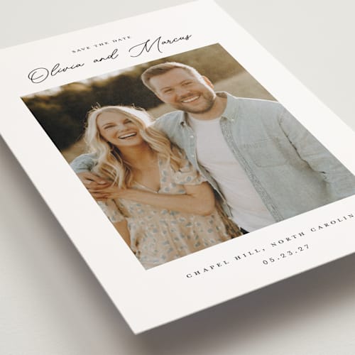 This is a cloud save the date postcards with standard by That Girl Press called sweet notings printing on signature in postcard
