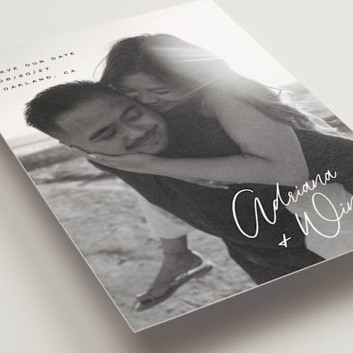 This is a cotton save the date postcards with standard by Hooray Creative called adriana printing on signature in postcard