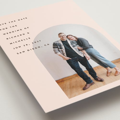 This is a blush save the date postcards with standard by Katie Zimpel called minimalist pop printing on signature in postcard