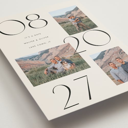 This is a cream save the date postcards with standard by Baumbirdy called delicate date printing on signature in postcard