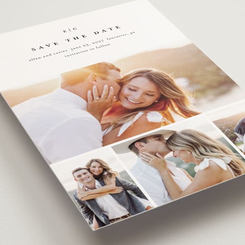This is a cotton save the date postcards with standard by Stacey Meacham called minimal grid printing on signature in postcard