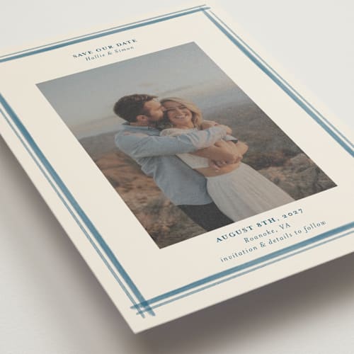 This is a indigo save the date postcards with standard by Hannah Bowman called gingham border printing on signature in postcard