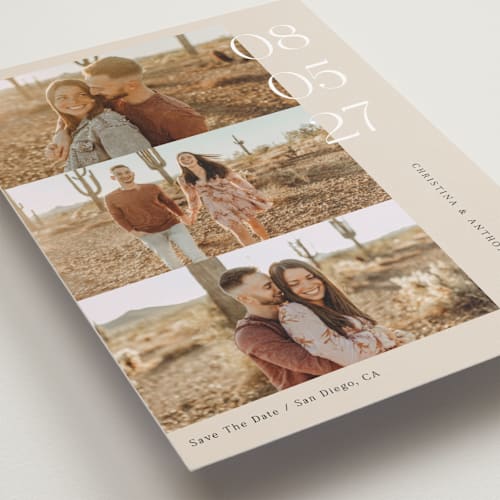 This is a sand save the date postcards with standard by Elly called cinematic love printing on signature in postcard