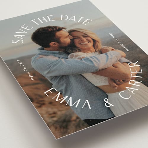 This is a pearl save the date postcards with standard by Susan Asbill called roundabout printing on signature in postcard
