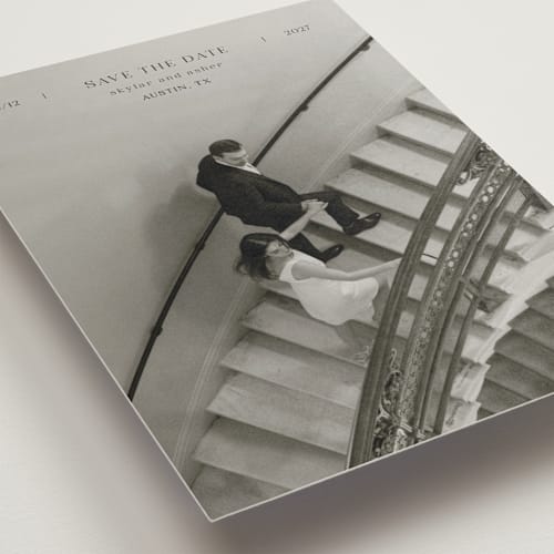 This is a noir save the date postcards with standard by Tamara Hilje called in line printing on signature in postcard