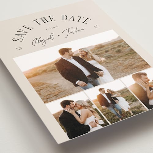 This is a taupe save the date postcards with standard by Michelle Taylor called archway printing on signature in postcard