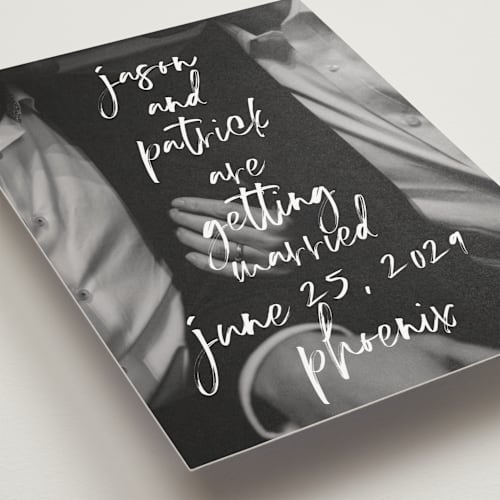 This is a marshmallow save the date postcards with standard by Keen Peachy called oh by the way printing on signature in postcard