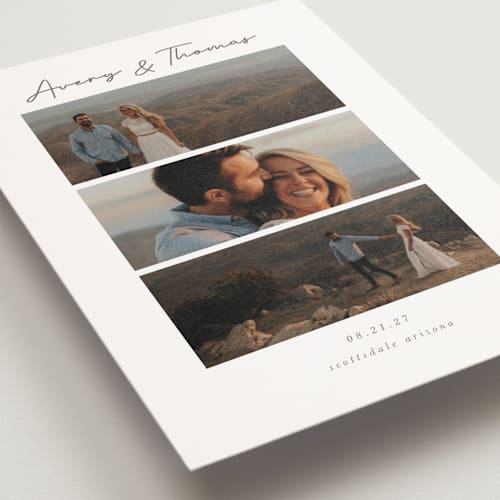 This is a linen save the date postcards with standard by Jen Tips called soulmates printing on signature in postcard