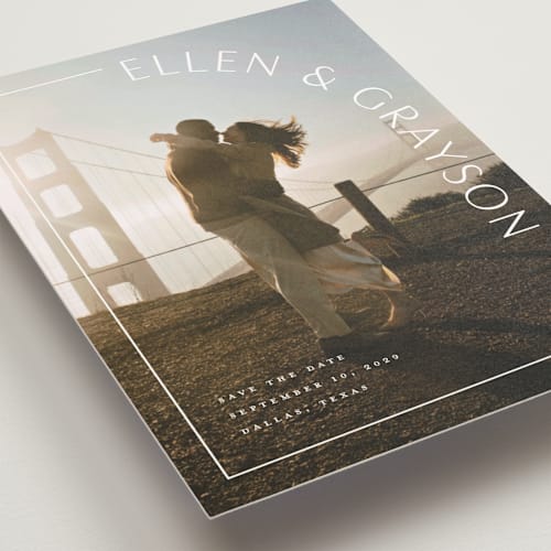 This is a snow save the date postcards with standard by Lauren Chism called take shape printing on signature in postcard