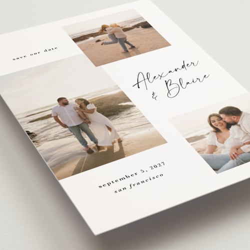 This is a onyx save the date postcards with standard by Kate Ahn called bondi printing on signature in postcard