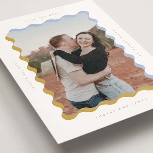 This is a aqua save the date postcards with standard by Baumbirdy called wavy frame printing on signature in postcard