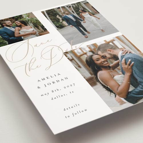 This is a snow save the date postcards with standard by AK Graphics called whimsy printing on signature in postcard