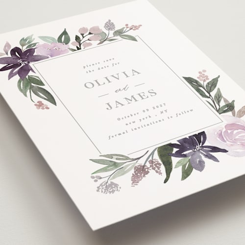 This is a lilac save the date postcards with standard by Creo Study called garden stroll printing on signature in postcard
