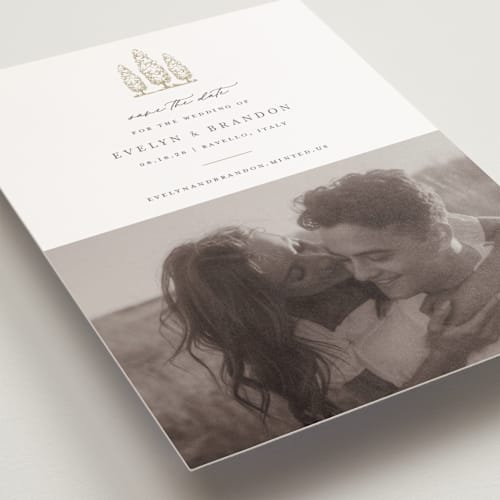 This is a champagne save the date postcards with standard by Sarah Brown called arborvitae printing on signature in postcard