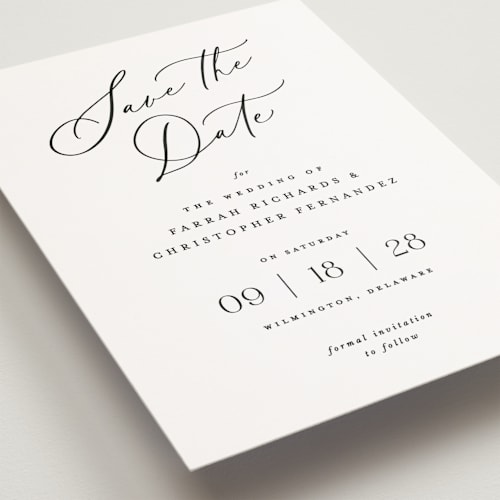 This is a pearl save the date postcards with standard by Hooray Creative called beautifully scripted printing on signature in postcard
