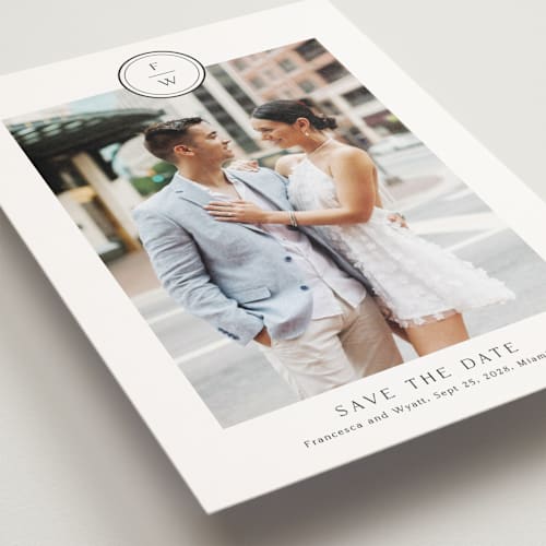 This is a cotton save the date postcards with standard by Stacey Meacham called circle monogram printing on signature in postcard