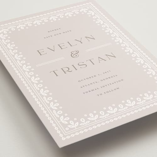 This is a cream save the date postcards with standard by Kristen Smith called lace trim printing on signature in postcard