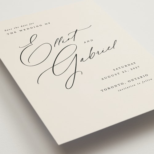 This is a ecru save the date postcards with standard by Hooray Creative called scripted names printing on signature in postcard