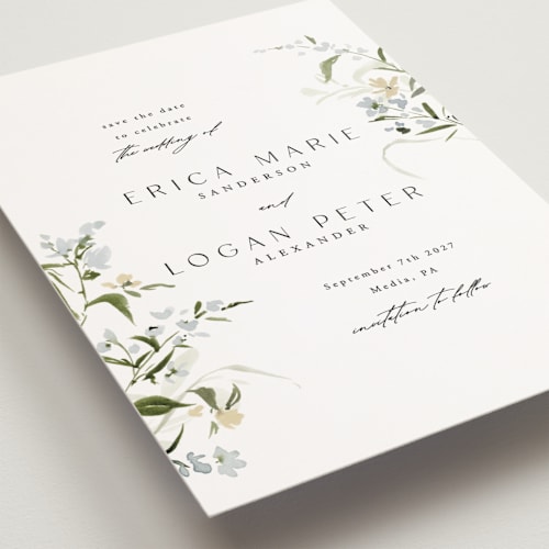 This is a lily save the date postcards with standard by Everett Paper Goods called fleur printing on signature in postcard
