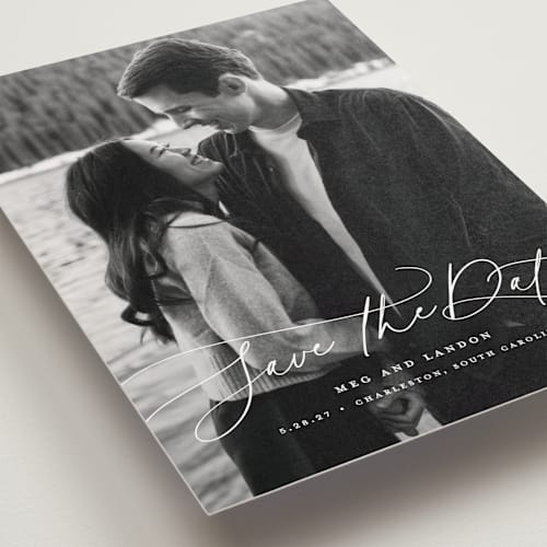 This is a snowfall save the date postcards with standard by Lauren Chism called subtle rise printing on signature in postcard