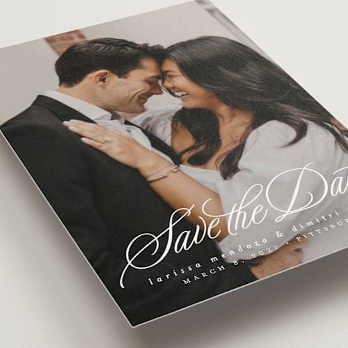 This is a pearl save the date postcards with standard by Lea Delaveris called lovely day printing on signature in postcard