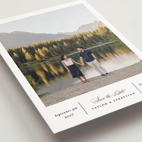 This is a alabaster save the date postcards with standard by Erica Krystek called simple columns printing on signature in postcard