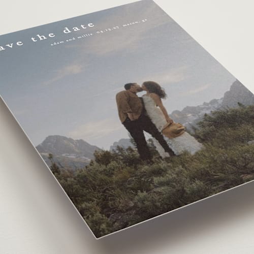 This is a cotton save the date postcards with standard by Stacey Meacham called typographic header printing on signature in postcard