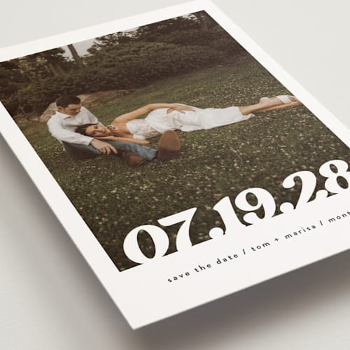 This is a pearl save the date postcards with standard by Christie Garcia called sidele printing on signature in postcard