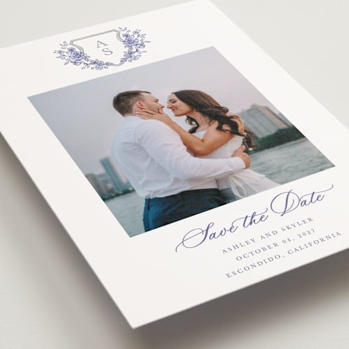 This is a dusty blue save the date postcards with standard by Cass Loh called watercolor flowers crest printing on signature in postcard