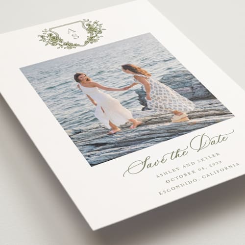 This is a moss save the date postcards with standard by Cass Loh called watercolor flowers crest printing on signature in postcard